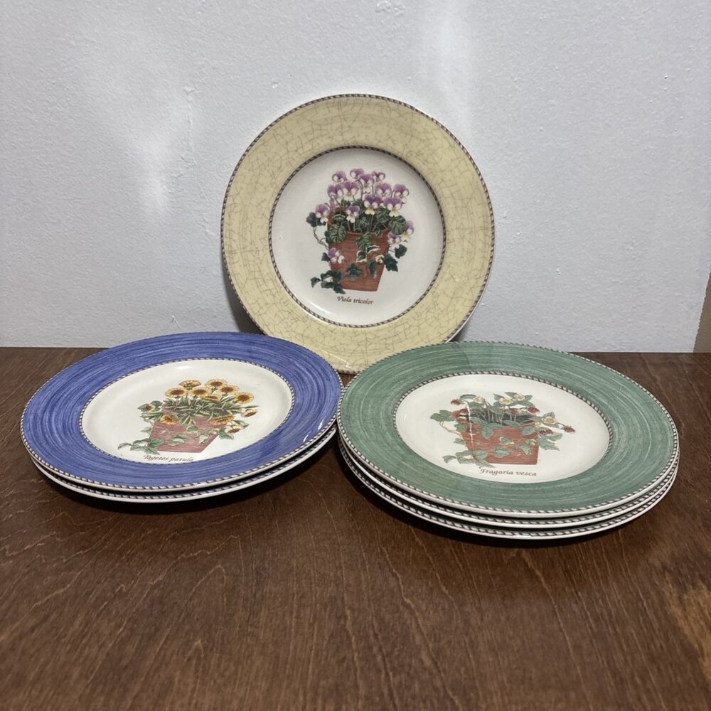 Wedgwood Sarah's Garden Salad Plates Set of 7 Floral Green‎ Blue Cream Excellent